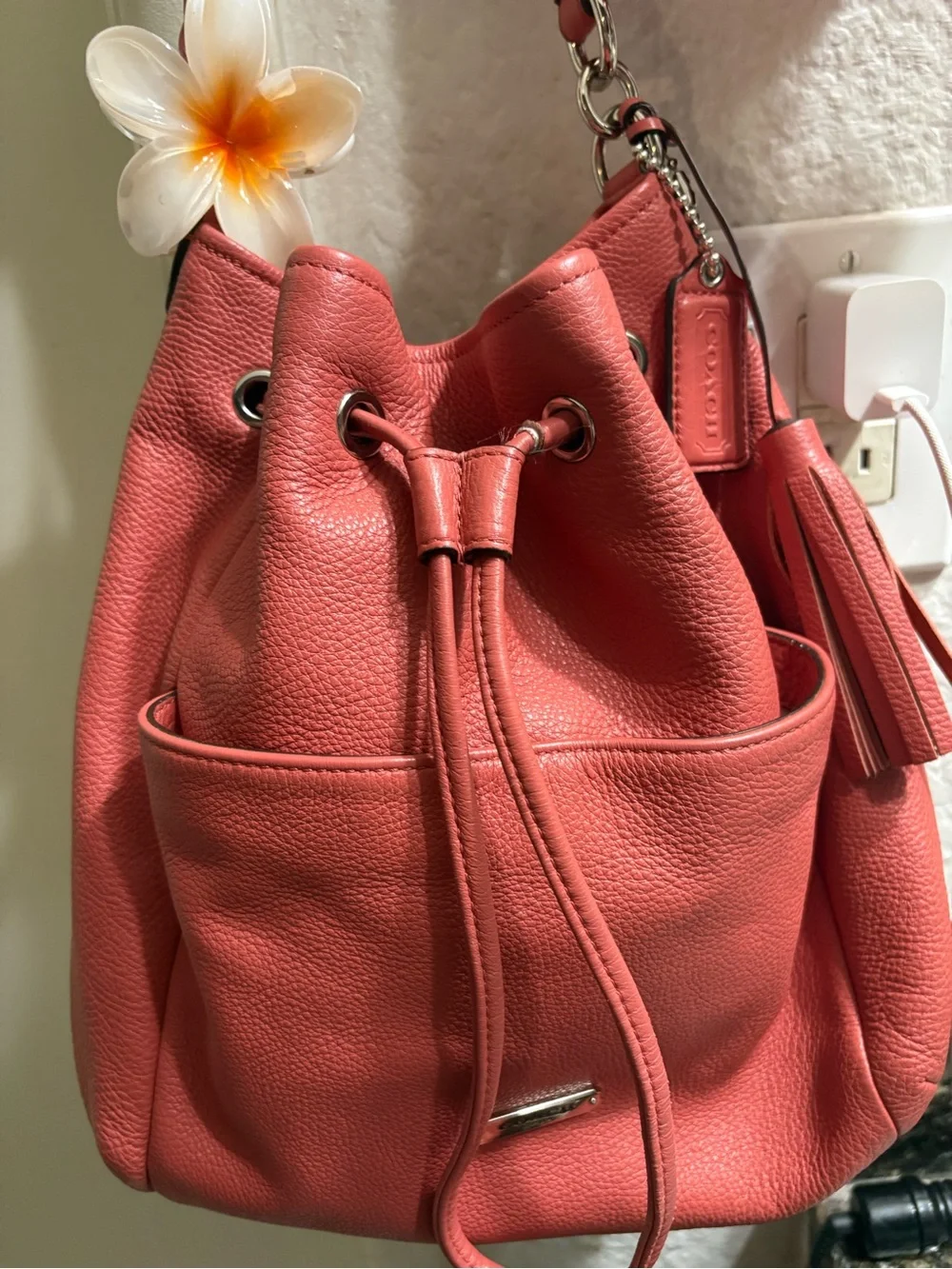 Coach Coral Pink Pebbled Leather Drawstring Hobo